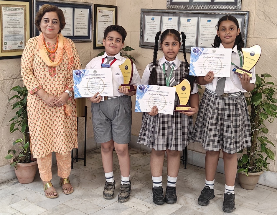 St Marks Sr Sec Public School Meera Bagh - Charvi Arora 2-E, Kavish Sachdeva 4-B, Pureza Adhikari 4-D won prizes in the event ARTiON held at Indraprastha International School, Dwarka : Click to Enlarge