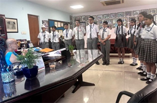 St. Mark's Sr. Sec. Public School School, Meera Bagh - Pre-departure tradition-the group meets Principal for guidance and wishes  : Click to Enlarge