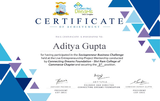 St. Mark's School, Meera Bagh - Aditya Gupta from XI-C got 3rd position in the Sociopreneur Business Challenge organised by CDF  SRCC, a branch of Connecting Dreams Foundation : Click to Enlarge