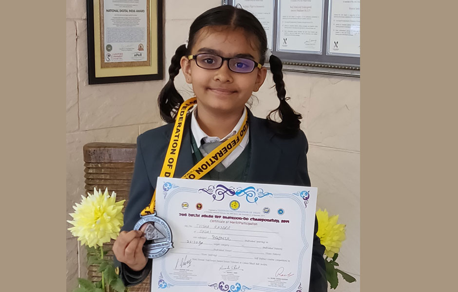 St. Mark's School, Meera Bagh - Tvisha Rajora, 3-G, wins the Bronze medal at the 31st Delhi State I.T.F. Taekwon-do Championship 2019 : Click to Enlarge