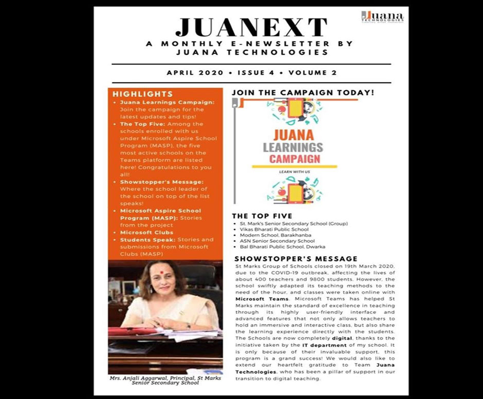 St. Mark's School, Meera Bagh - We feature in the newsletter by Juana Technologies : Click to Enlarge