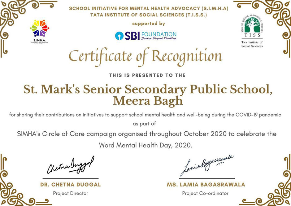 St. Mark's School, Meera Bagh - Our efforts to support school mental health and well being have been recognised by SIMHA and TISS : Click to Enlarge