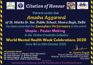St. Mark's School, Meera Bagh - Students awarded with Citation of Honour for their performance at the World Mental Health Week Celebrations : Click to Enlarge