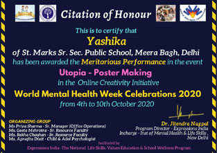 St. Mark's School, Meera Bagh - Students awarded with Citation of Honour for their performance at the World Mental Health Week Celebrations : Click to Enlarge