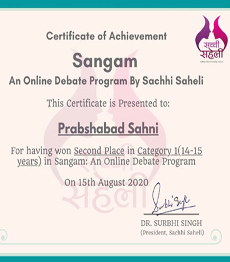 St. Mark's School, Meera Bagh - Prabhshabad Sahni of Class 10-C wins the Second Prize in an online Debate Competition : Click to Enlarge