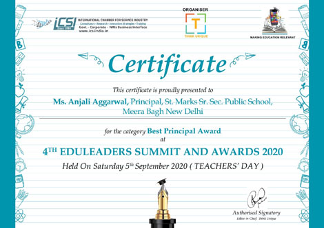 St. Mark's School, Meera Bagh - Principal, Ms. A. Aggarwal, honoured with Best Principal Award : Click to Enlarge