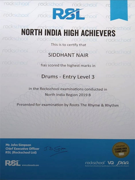 St. Mark's School, Meera Bagh - Siddhant Nair excels in Drums as he scores the highest marks in the Rockschool Examinations, London : Click to Enlarge