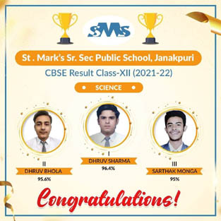 St. Mark's Sr. Sec. Public School, Janak Puri - Class XII toppers - Click to Enlarge