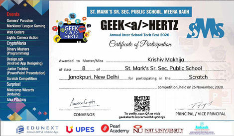 St. Mark's School, Janak Puri - Chirag Kapoor and Krishiv Makhija of Class VIII-B from our school developed a game titled The Box Plateformer and bagged Second prize in the Geek-a-Hertz, theAnnual International Online Tech Fest 2020, organized by SMS Meera Bagh : Click to Enlarge