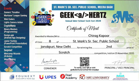 St. Mark's School, Janak Puri - Chirag Kapoor and Krishiv Makhija of Class VIII-B from our school developed a game titled The Box Plateformer and bagged Second prize in the Geek-a-Hertz, theAnnual International Online Tech Fest 2020, organized by SMS Meera Bagh : Click to Enlarge