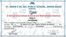 St. Mark's School, Janak Puri - Our students performed excellently in QUEST 2020 organised by SMS Meera Bagh : Click to Enlarge