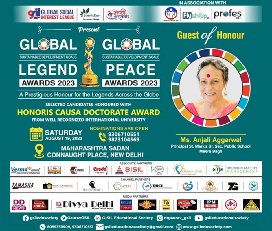 St. Mark’s Meera Bagh: Our Principal receives Global Legend and Peace Award as a recognition and appreciation for her exemplary leadership in sustainable development : Click to Enlarge