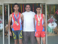 St. Mark's Meera Bagh - Delhi State CBSE Athletic champions - Mehul Mittal and Mayank Jain with Mr. Vijender : Click to Enlarge