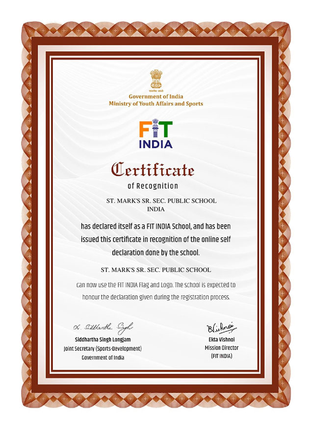 St. Mark's School, Meera Bagh - We receive the Fit India certificate in recognition of its efforts of teaching and practicing physical fitness : Click to Enlarge