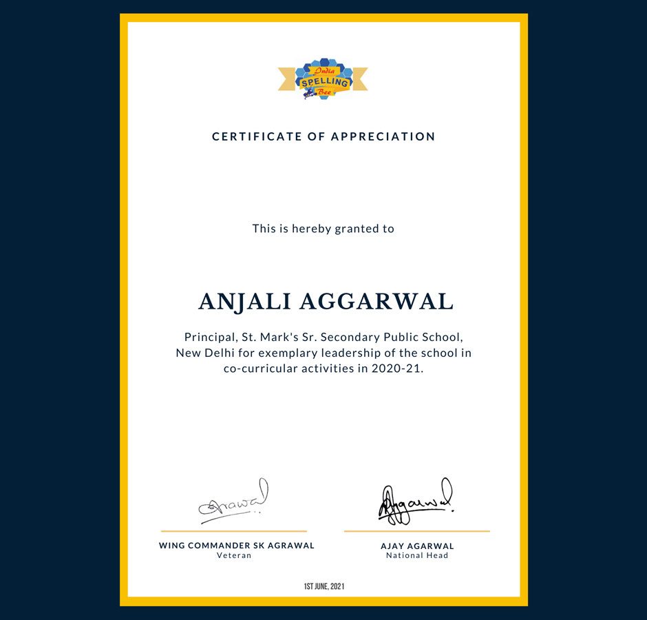 St. Mark's School, Meera Bagh - Our Principal, Ms. A. Aggarwal, has been awarded for exemplary leadership in co curricular activities in the school : Click to Enlarge
