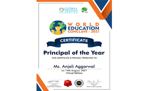St. Mark's School, Meera Bagh - Our Principal, Ms. A. Aggarwal has been honoured with the Best Principal Award at the World Education Conclave : Click to Enlarge