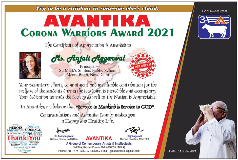 St. Mark's School, Meera Bagh - Our Principal, Ms. A. Aggarwal, is honoured with Avantika Corona Warriors Award 2021 : Click to Enlarge