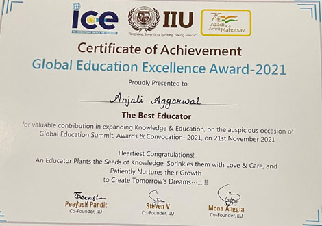 St. Mark's School, Meera Bagh - Our Principal, Ms. A. Aggarwal, conferred with the Global Edu Leader Award : Click to Enlarge