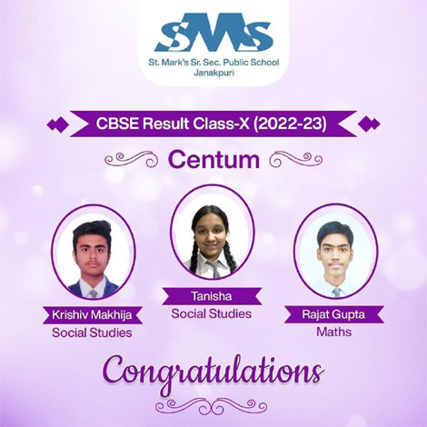 St. Mark's Sr. Sec. Public School, Janak Puri - Class X students obtaining Centum (2022-23) - Click to Enlarge