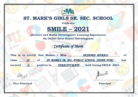 St. Mark's School, Janak Puri - Our students won laurels and did us proud in SMILE - An Inter School Science and Maths Competition organised by SMGS : Click to Enlarge