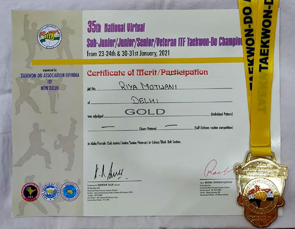 St. Mark's School, Janak Puri - Riya of Class II-D has won the Gold Medal in the 35th National Virtual Junior ITF Taekwondo Championship, 2021 : Click to Enlarge