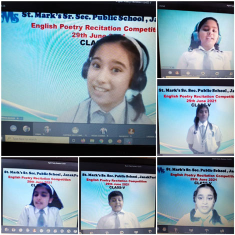 St. Mark's School, Janak Puri - Inter Section English Poetry Recitation Competition was virtually organised for Class V students : Click to Enlarge