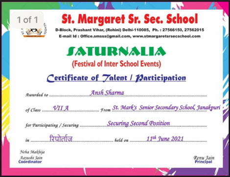 St. Mark's School, Janak Puri - Our students won various prizes in the Inter School Annual Festival Saturnalia 2021 : Click to Enlarge