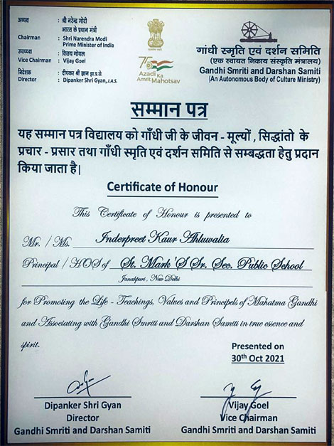 St. Mark's School, Janak Puri - On the eve of Rashtriya Ekta Diwas, our Principal Ms. Inderpreet Kaur Ahluwalia was conferred with a Certificate of Honour for her contribution in the field of education by the Gandhi Smriti and Darshan Samiti : Click to Enlarge