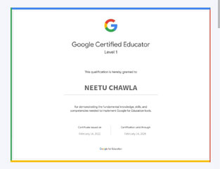 St. Marks Sr. Sec. Public School, Janakpuri - Our Computer Teacher, Ms. Neetu Chawla has successfully completed Google Certified Educator Level 1 and Level 2 Master Teacher Training Programme organised by CBSE : Click to Enlarge