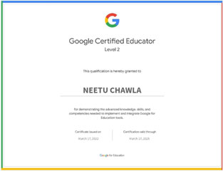 St. Marks Sr. Sec. Public School, Janakpuri - Our Computer Teacher, Ms. Neetu Chawla has successfully completed Google Certified Educator Level 1 and Level 2 Master Teacher Training Programme organised by CBSE : Click to Enlarge