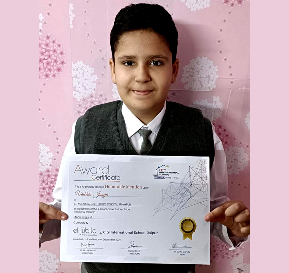 St. Marks Sr. Sec. Public School, Janakpuri - Vaibhav Juneja of Class VI-F has been awarded with an Honorable Mention in El Jubilo, an international fest organized by City International School, Jaipur : Click to Enlarge