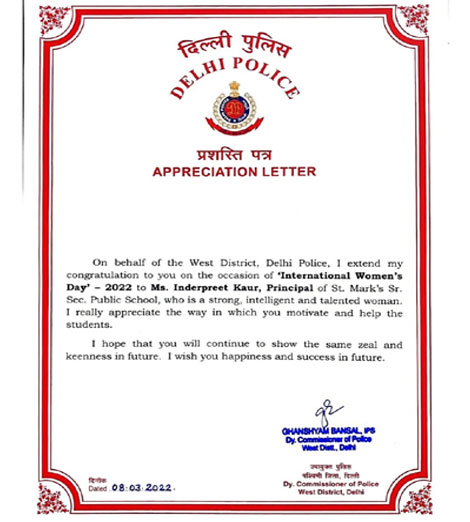 St. Marks Sr. Sec. Public School, Janakpuri - Our Principal Ms. Inderpreet Kaur Ahluwalia, was honoured and felicitated by DCP (West) on the occasion of International Womens Day : Click to Enlarge