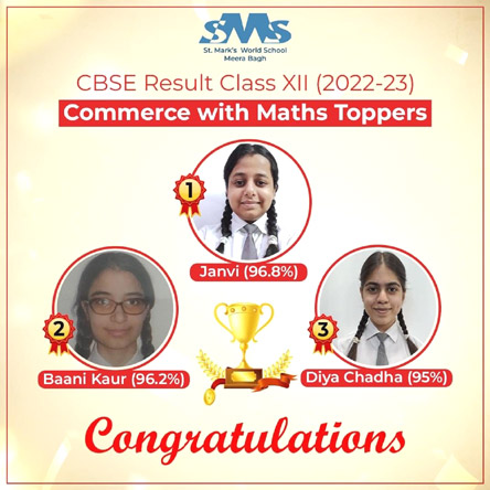 St. Mark's World School, Meera Bagh - Toppers in Commerce with Maths Stream : 2022-2023