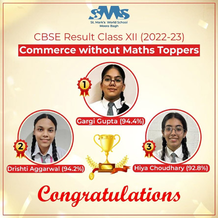 St. Mark's World School, Meera Bagh - Toppers in Commerce without Maths Stream : 2022-2023