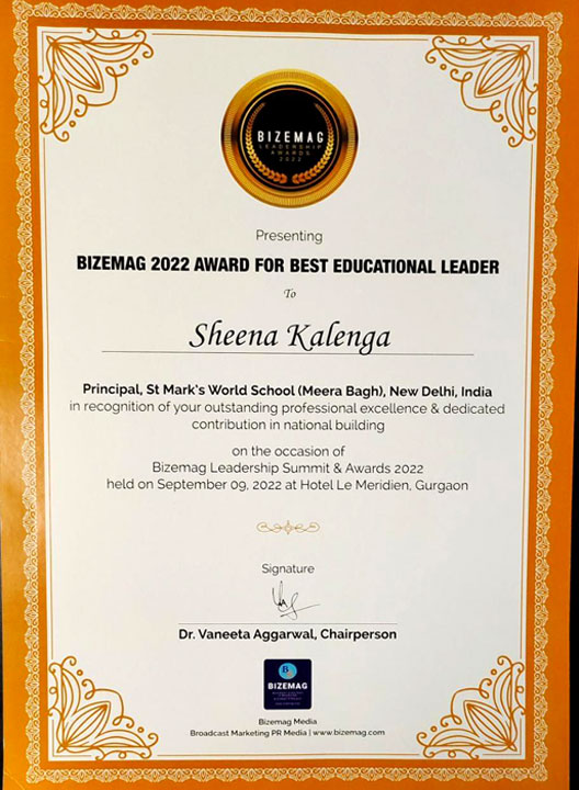 SMS World School - Bizemag Award for Best Educational Leader : Click to Enlarge