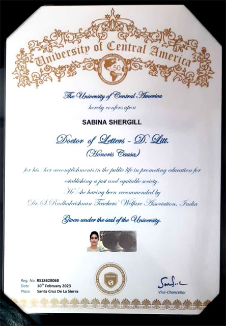 SMS World School - Ms. Shergill's Doctorate : Click to Enlarge