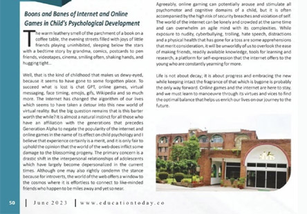 SMS World School - Article at Education Today by Ms. Sheena : Click to Enlarge