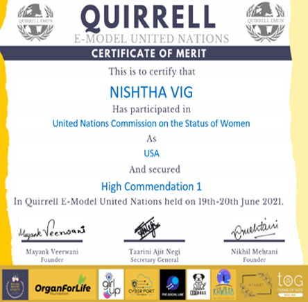 St. Mark's Girls School, Meera Bagh - Merit certificate of Nishtha for participating in Virtual Quirrel Model United Nations : Click to Enlarge