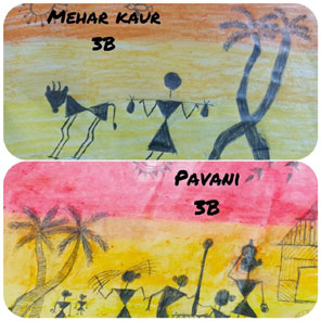 St. Mark's Girls School, Meera Bagh - Warli Art Painting by Class 3 : Click to Enlarge
